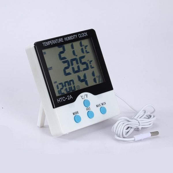 Digital LCD Indoor Outdoor Humidity Meter Thermometer Tester With Clock HTC-2A C/F Switch